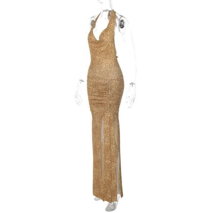 Halter cowl neck print high slit ruched maxi dress-final-sale  | Festival Outfits Women