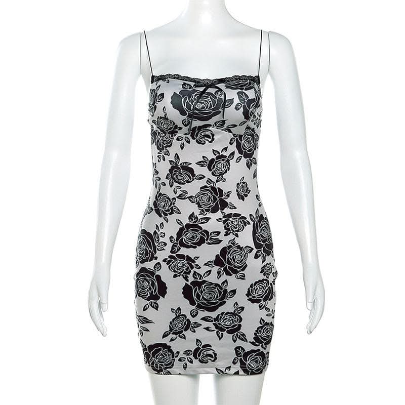 Rose print lace hem contrast spaghetti strap mini dress-final-sale