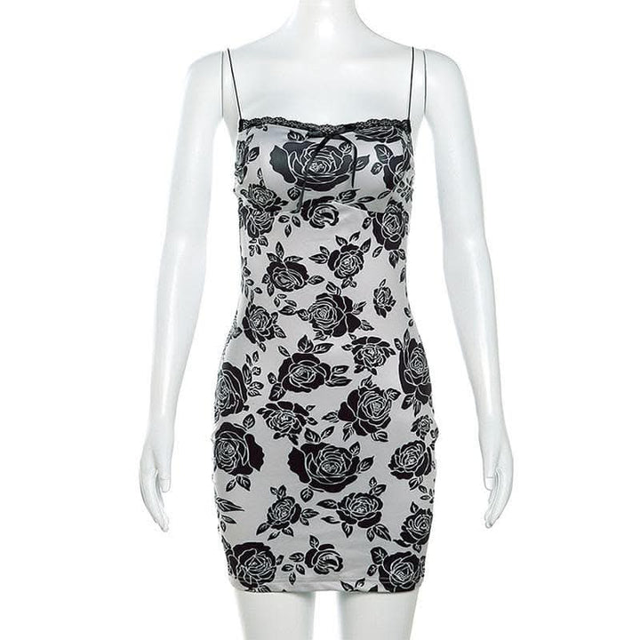 Rose print lace hem contrast spaghetti strap mini dress-final-sale