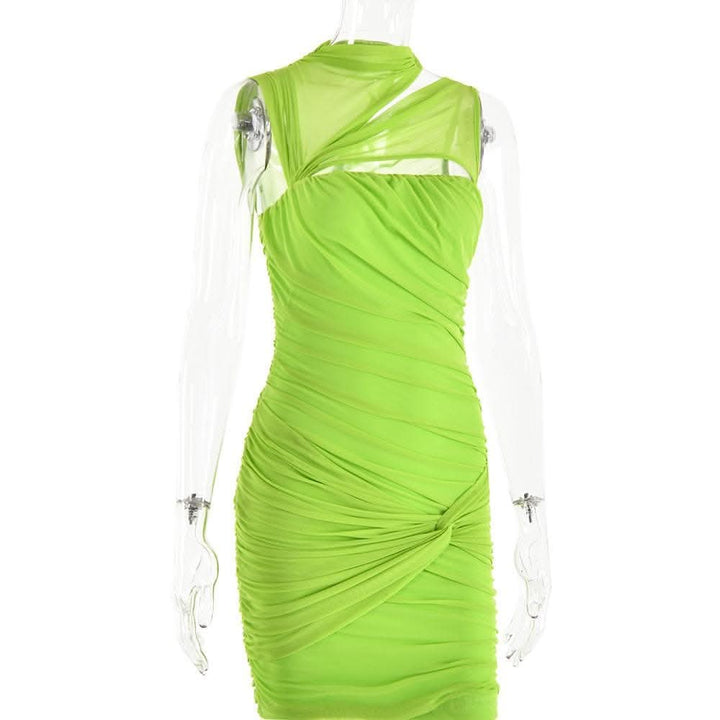 Sleeveless irregular hollow out mesh knotted ruched cut out mini dress-final-sale  | Festival Outfits Women