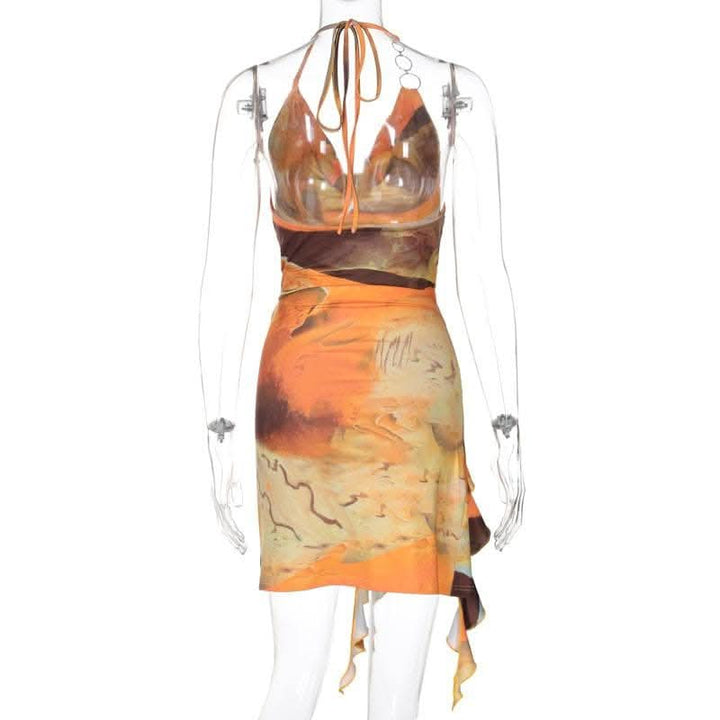 Halter print cowl neck o ring ruffle mini dress-final-sale