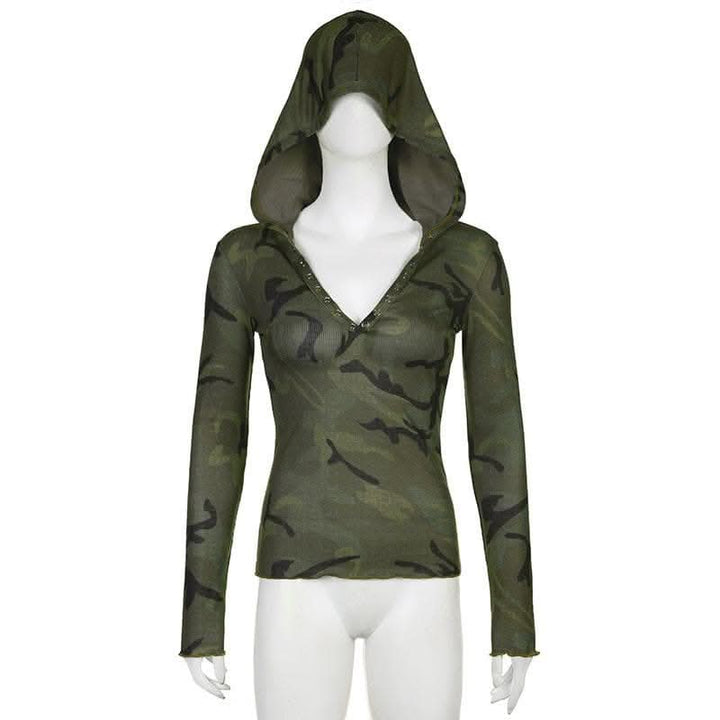 Camouflage contrast hoodie button long sleeve top-final-sale  | Festival Outfits Women
