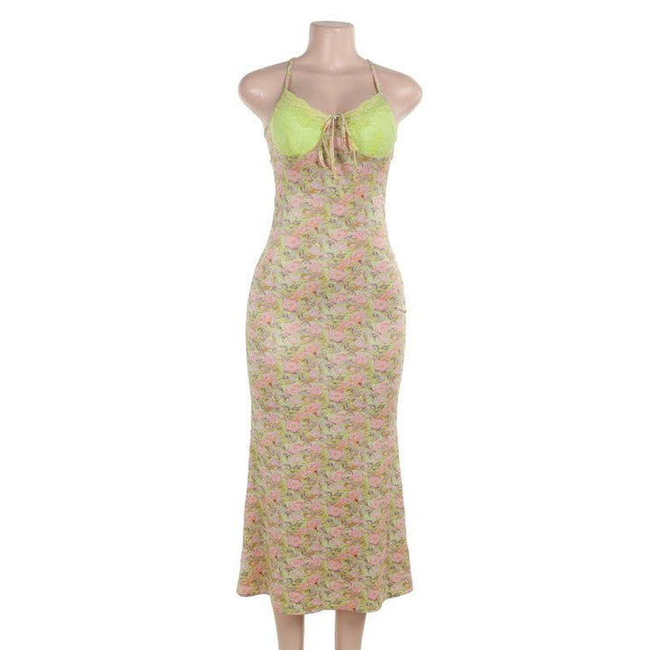Sweetheart neck lace flower print knotted cami maxi dress  | Festival Outfits Women