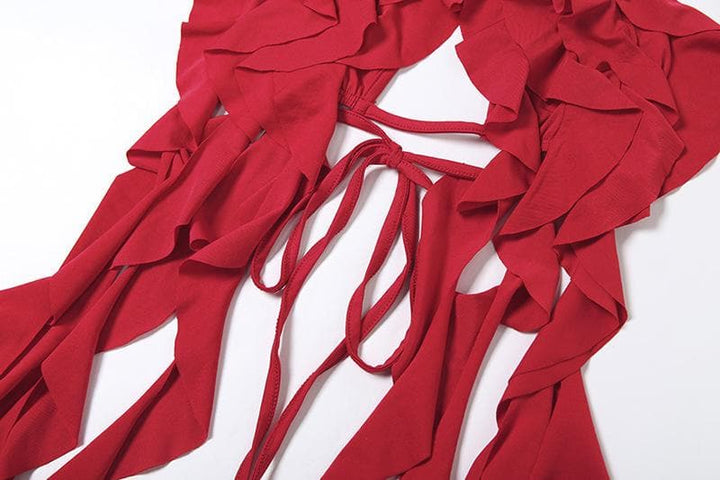 Halter flower applique ruffle backless top-final-sale