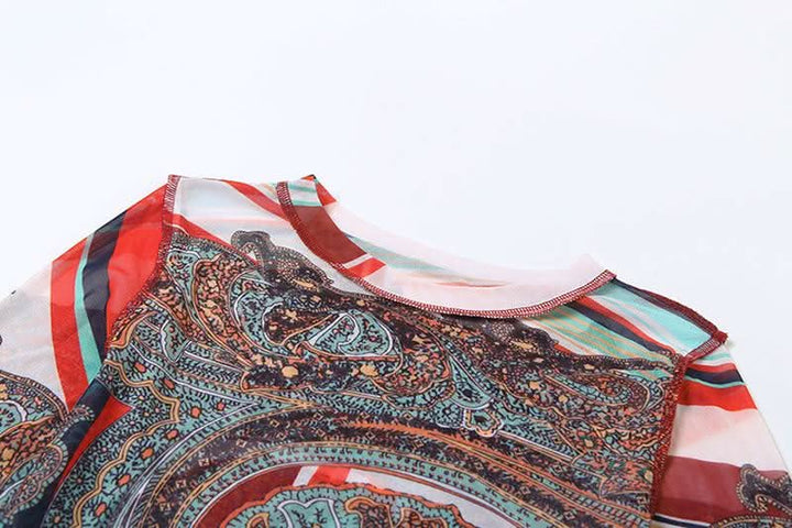 Long sleeve crewneck mesh abstract print top  | Festival Outfits Women