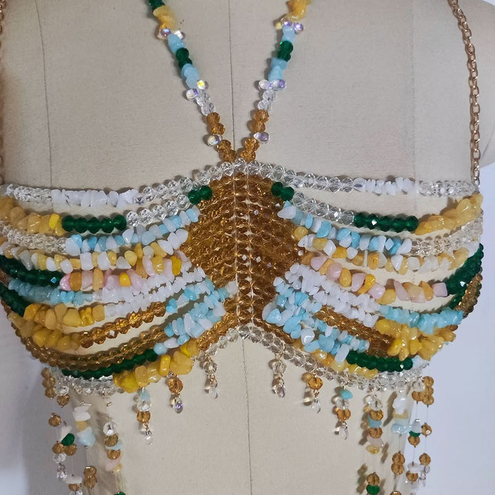 Halter beaded hollow out backless tassels cut out top  | Festival Outfits Women