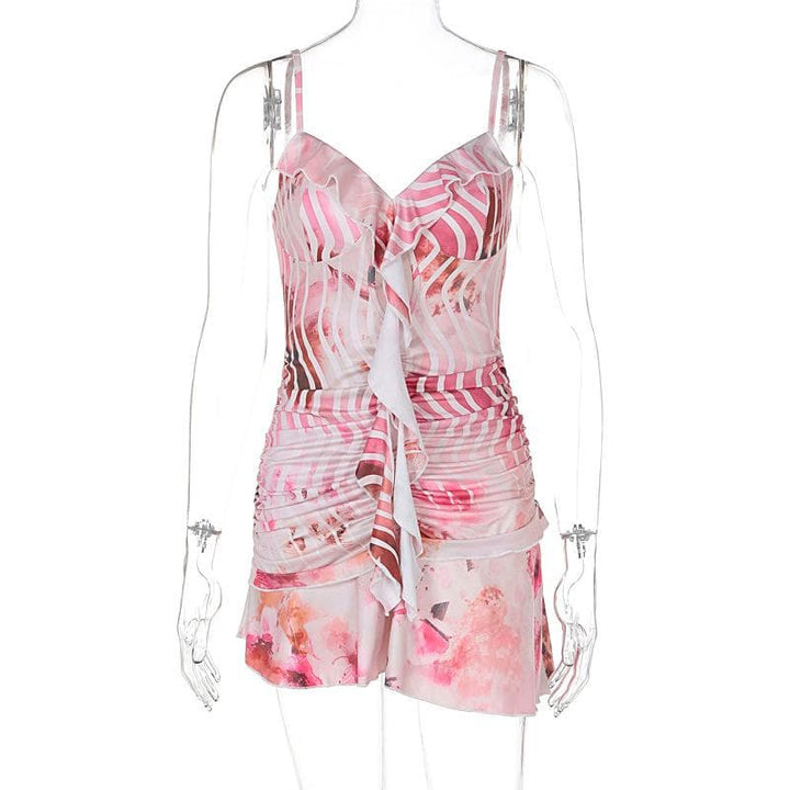 V neck ruffle ruched print backless cami mini dress  | Festival Outfits Women