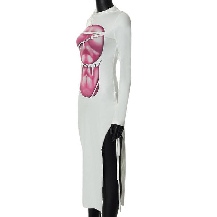 Long sleeve contrast abstract print slit midi dress-final-sale  | Festival Outfits Women