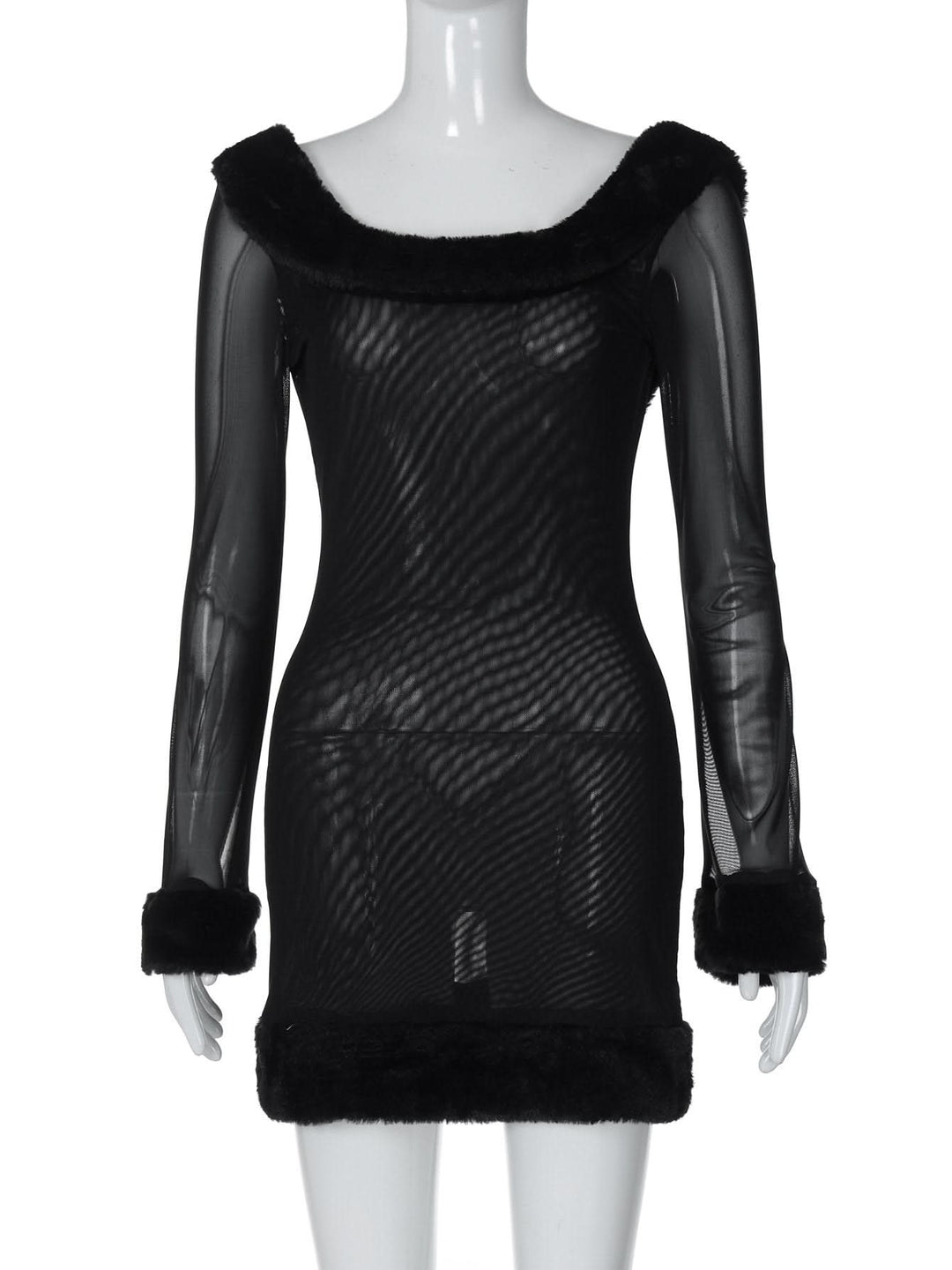 Long sleeve u neck fluffy mesh see through mini dress  | Festival Outfits Women