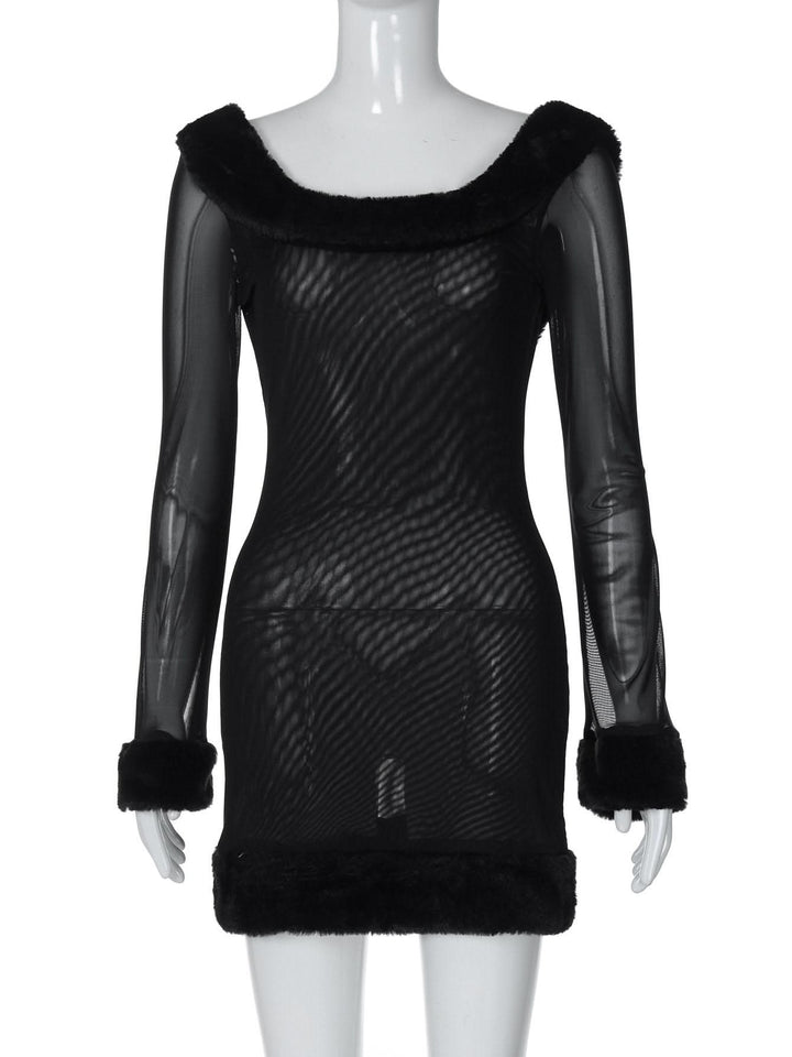 Long sleeve u neck fluffy mesh see through mini dress  | Festival Outfits Women