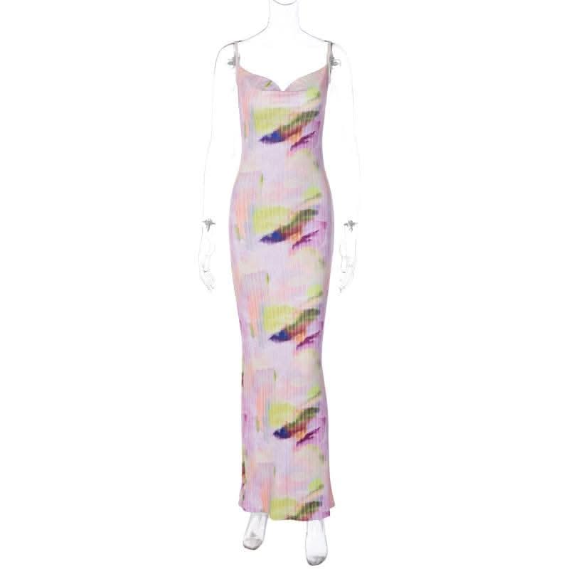 Backless cowl neck v neck contrast print cami maxi dress-final-sale  | Festival Outfits Women