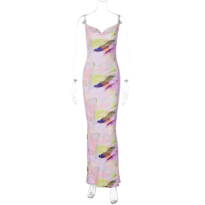 Backless cowl neck v neck contrast print cami maxi dress-final-sale  | Festival Outfits Women