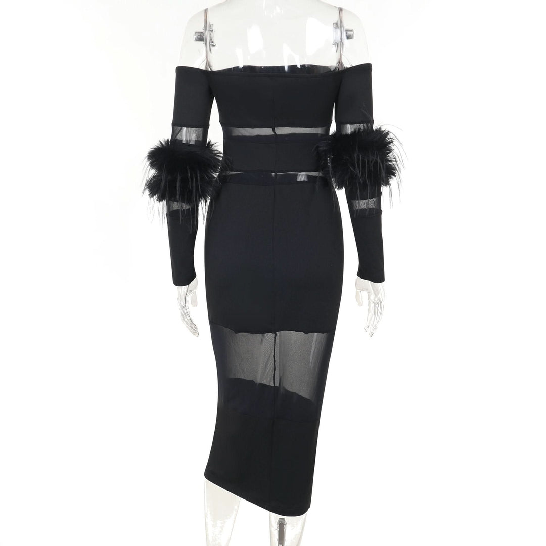 Off shoulder long sleeve fluffy mesh patchwork mini dress  | Festival Outfits Women-final-sale
