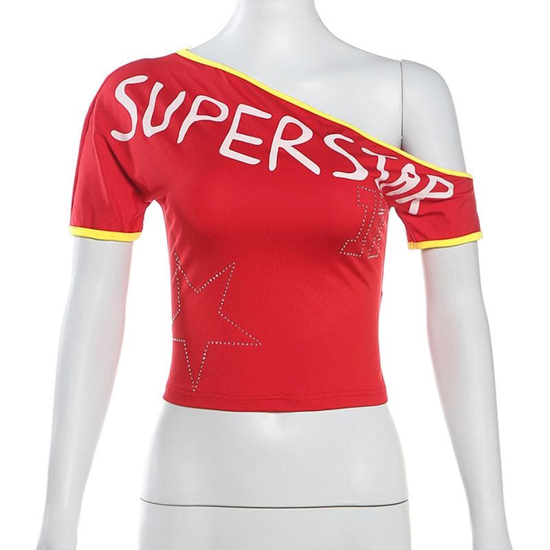 Short sleeve one shoulder “super star” print top  | Festival Outfits Women