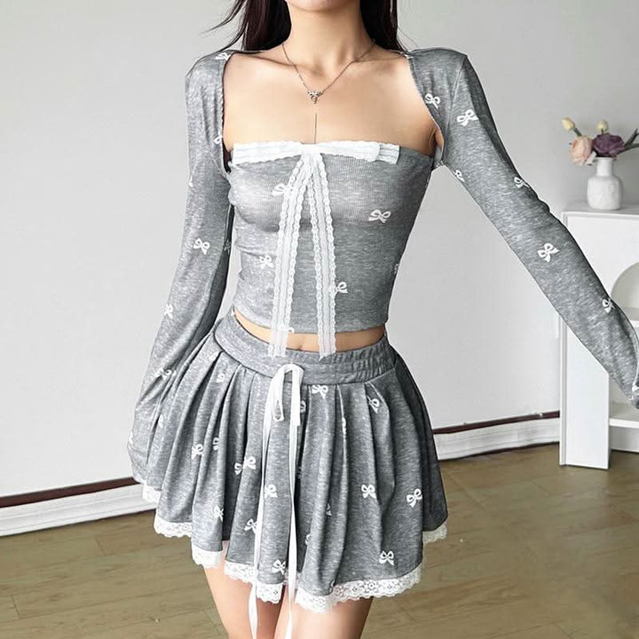 Drawstring lace hem bowknot print A line mini skirt  | Festival Outfits Women