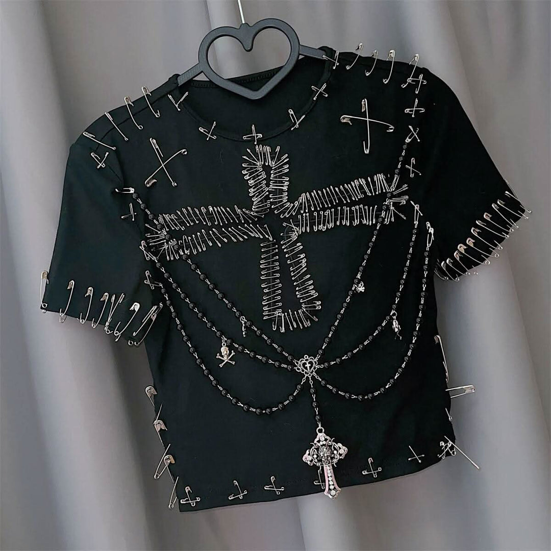 Short sleeve beaded cross pattern top  | Festival Outfits Women