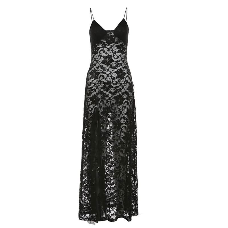 Hollow out v neck lace slit spaghetti strap cut out maxi dress  | Festival Outfits Women