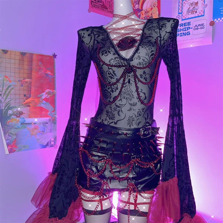 Long flared sleeve v neck see through flower applique bodysuit  | Festival Outfits Women