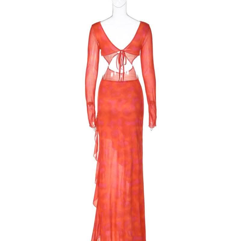 Long sleeve solid mesh slit v neck ruffle hollow out cut out maxi dress-final-sale  | Festival Outfits Women