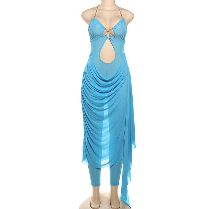 Metal chain halter ruched sheer mesh hollow out cut out maxi dress  | Festival Outfits Women