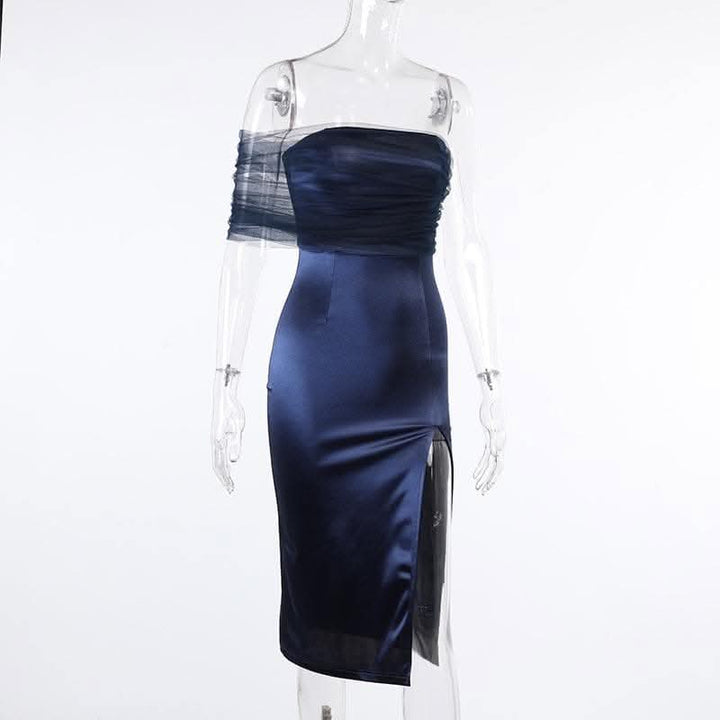 One shoulder irregular mesh ruched slit midi dress-final-sale  | Festival Outfits Women