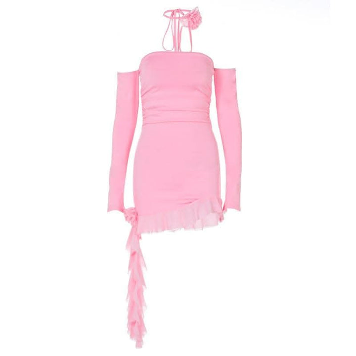 Long sleeve off shoulder flower applique ruffle ruched mini dress-final-sale  | Festival Outfits Women