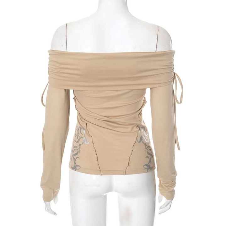 Long sleeve off shoulder ruched self tie stitch top  | Festival Outfits Women