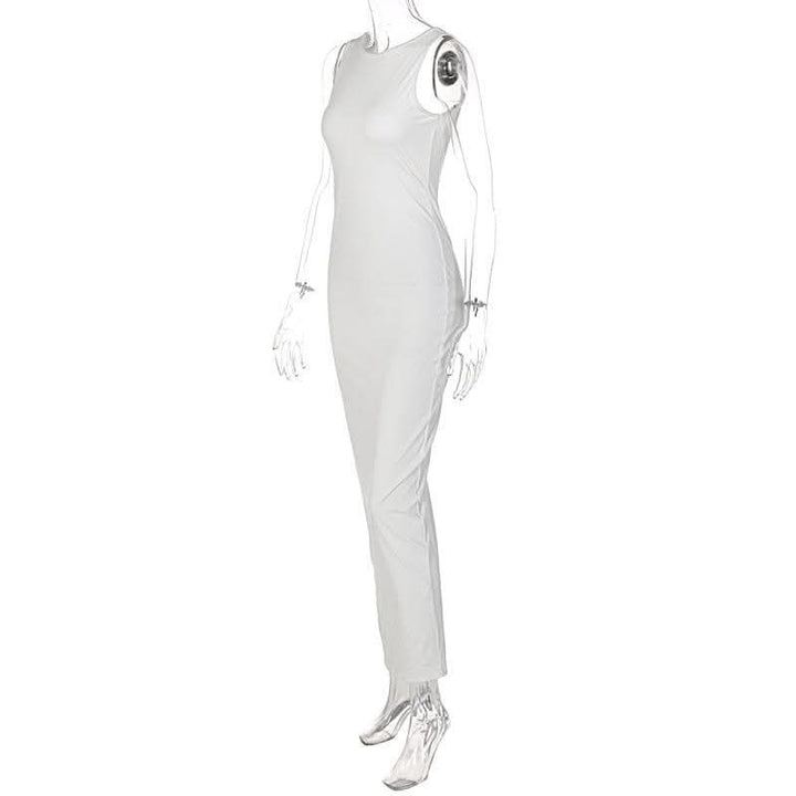 Sleeveless round neck solid backless slit midi dress-final-sale  | Festival Outfits Women