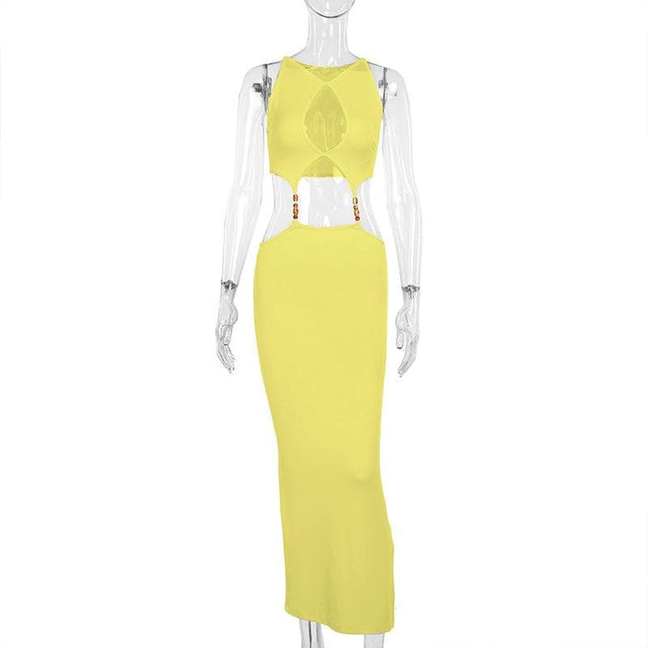 V neck metal applique hollow out cut out maxi dress  | Festival Outfits Women