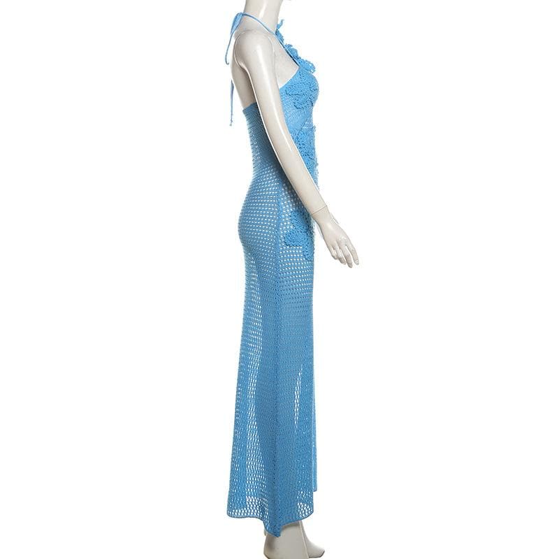 Halter knitted flower pattern see through maxi dress-final-sale  | Festival Outfits Women
