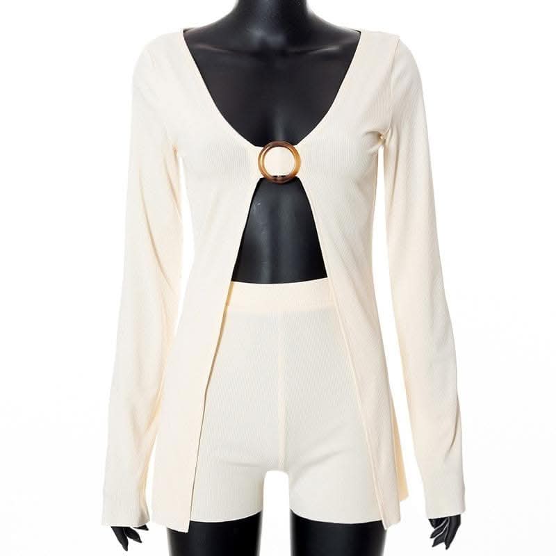 V neck long sleeve o ring slit solid crop top pant set-final-sale  | Festival Outfits Women