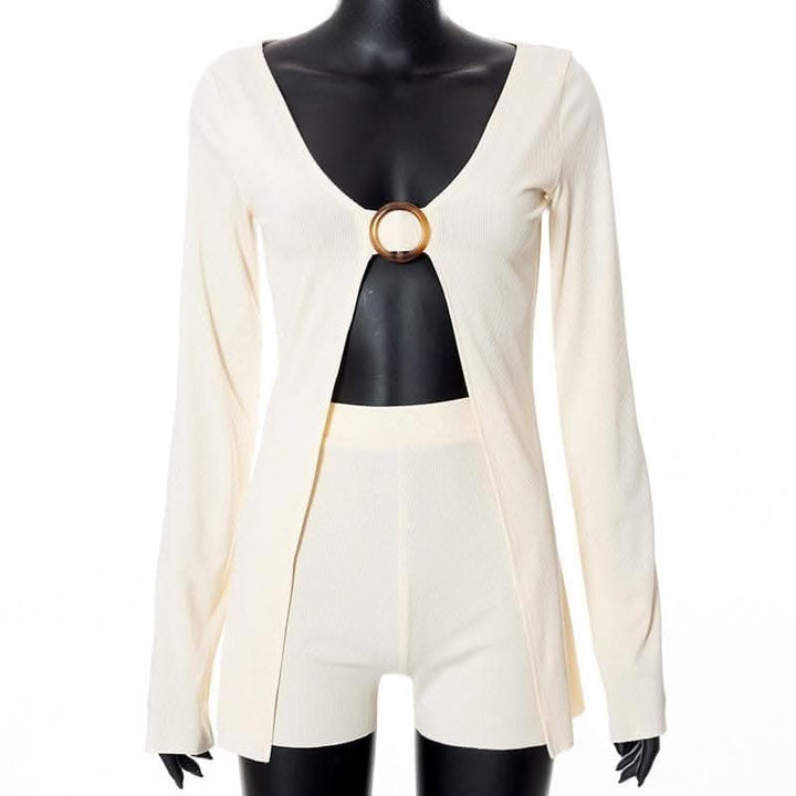 V neck long sleeve o ring slit solid crop top pant set-final-sale  | Festival Outfits Women