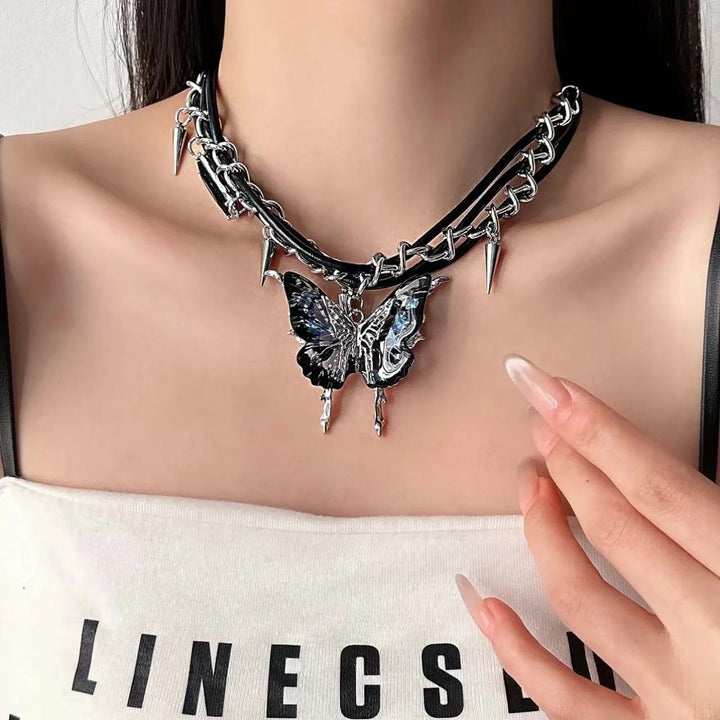Black butterfly pendant rivet choker necklace  | Festival Outfits Women