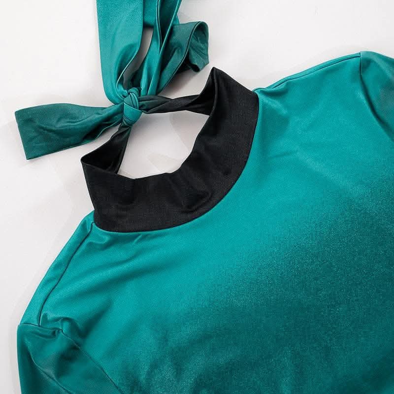 High neck long sleeve self tie backless gradient mini dress-final-sale  | Festival Outfits Women