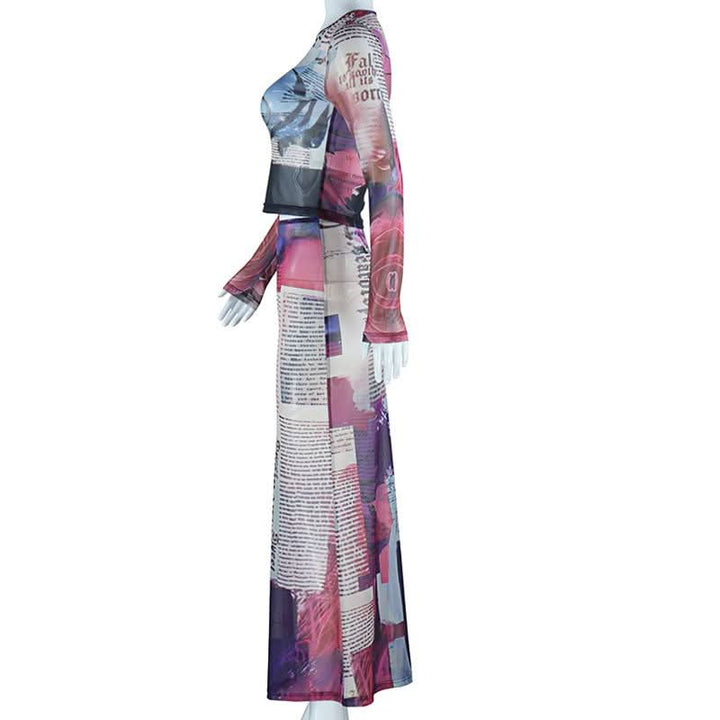 Long sleeve crewneck abstract mesh maxi skirt set  | Festival Outfits Women