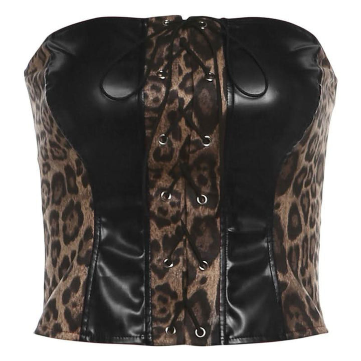Leopard print lace up PU leather patchwork tube top  | Festival Outfits Women  | Cheetah Print Top