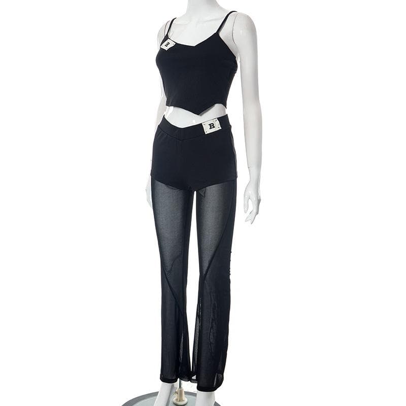 Mesh patchwork letter pattern cami pant set  | Festival Outfits Women-final-sale
