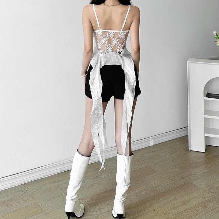 Mesh embroidery ruffle backless cami top  | Festival Outfits Women