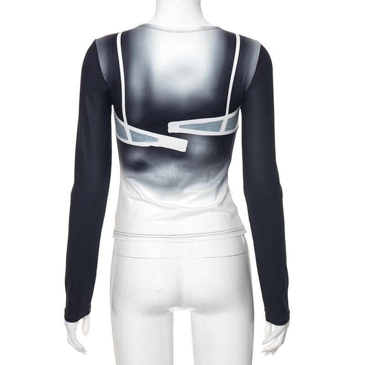 Long sleeve body print gradient crewneck contrast top-final-sale  | Festival Outfits Women