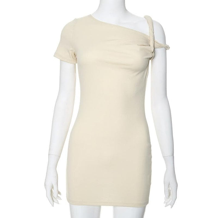 Short sleeve one shoulder ruched solid mini dress  | Festival Outfits Women