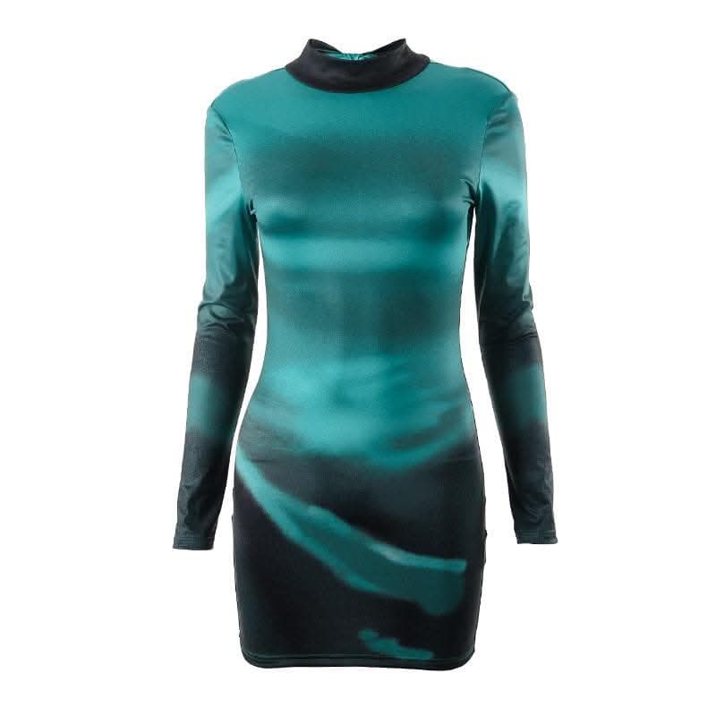 High neck long sleeve self tie backless gradient mini dress-final-sale  | Festival Outfits Women