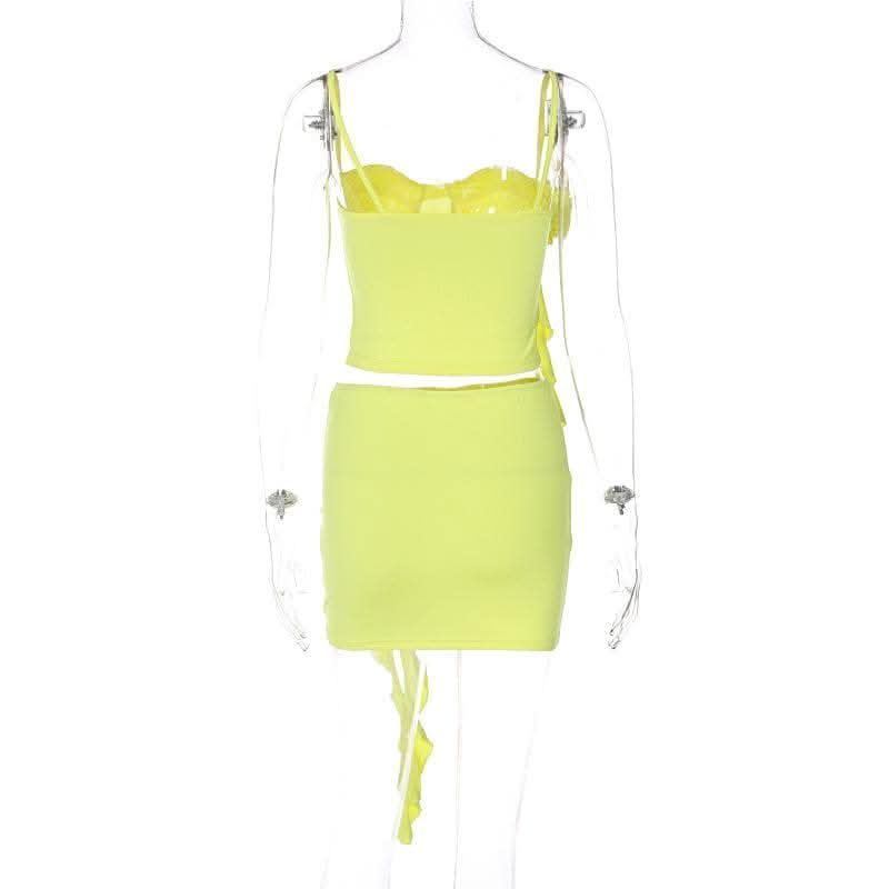 Flower applique solid ruffle ribbon cami mini skirt set-final-sale  | Festival Outfits Women