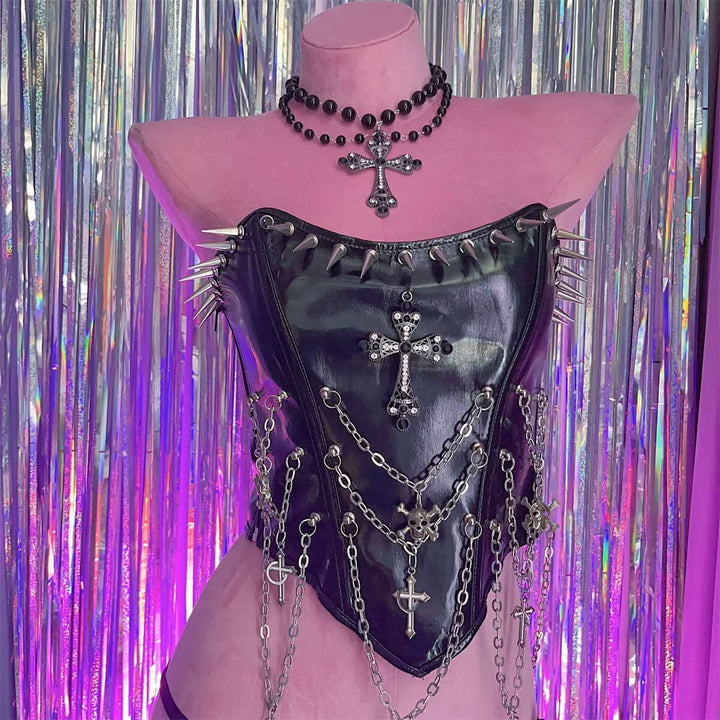 Zip-up metal chain cross applique PU leather lace up top  | Festival Outfits Women