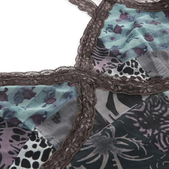 V neck print lace hem mesh cami midi dress  | Festival Outfits Women