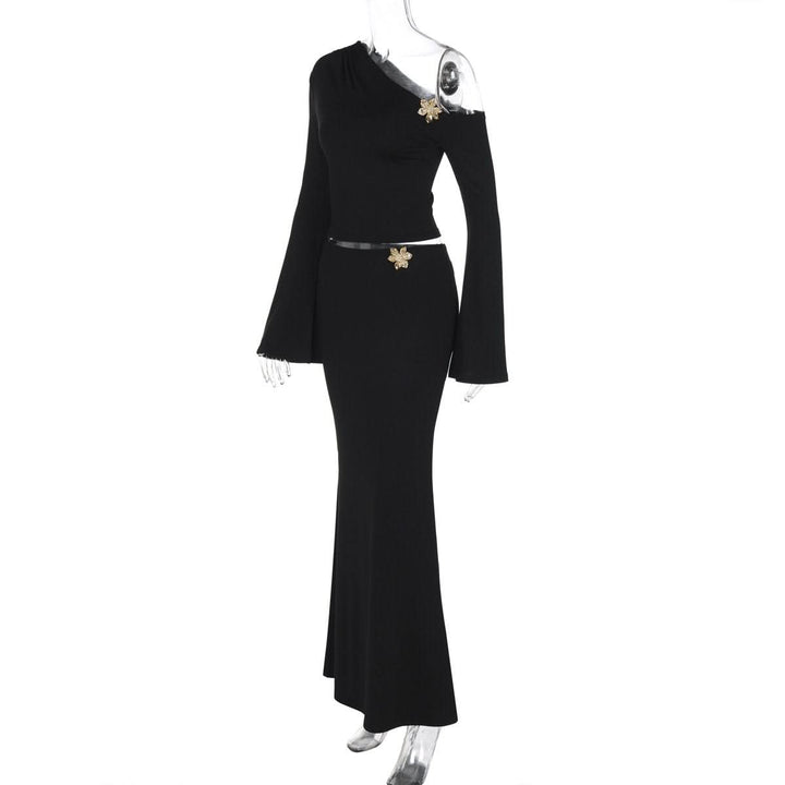 One shoulder long sleeve flower applique maxi skirt set  | Festival Outfits Women