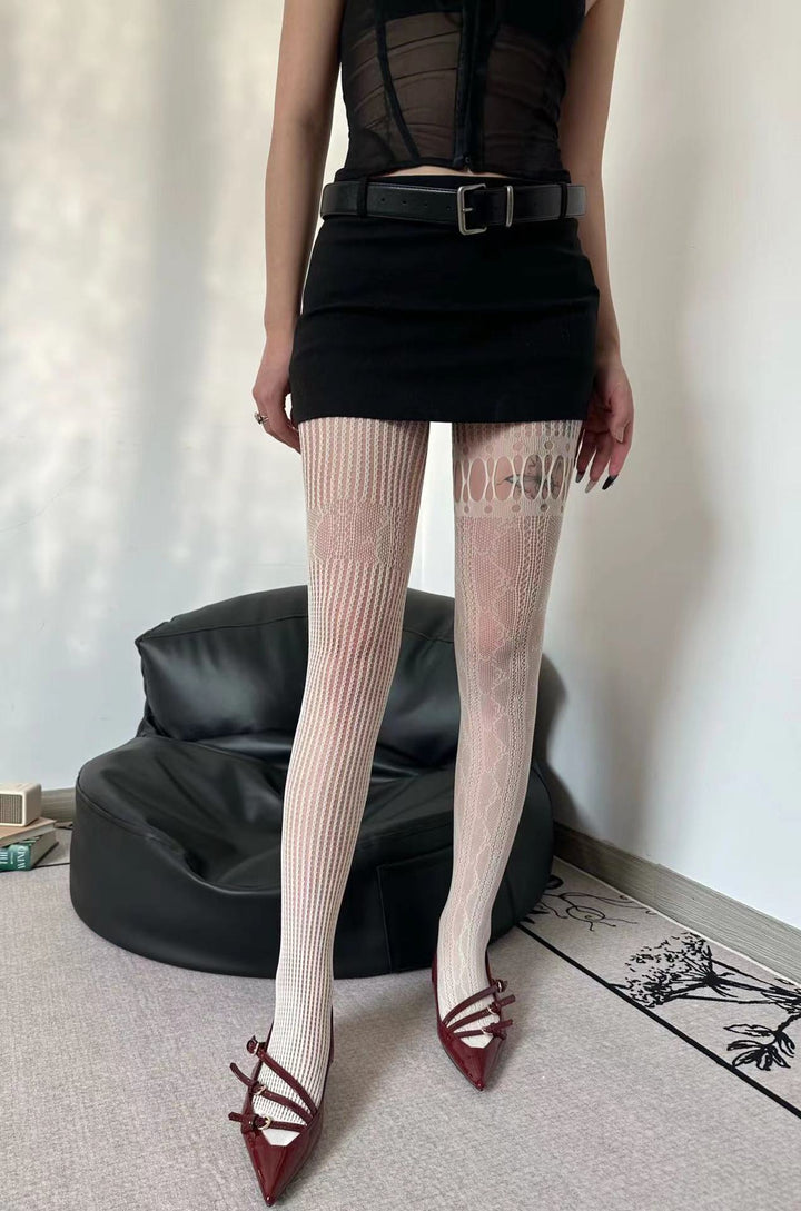 Asymmetrical fishnet vertical stripe hollow out tights  | Festival Outfits Women