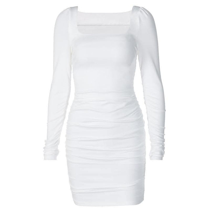 Long sleeve solid square neck ruched mini dress-final-sale  | Festival Outfits Women