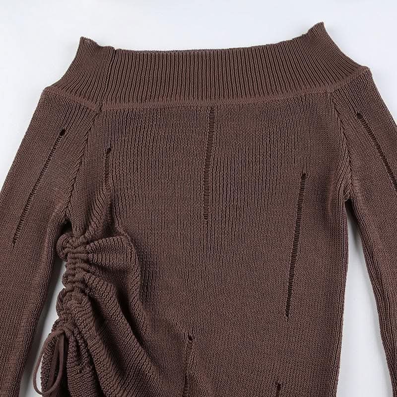 Crochet hollow out solid drawstring off shoulder top-final-sale  | Festival Outfits Women