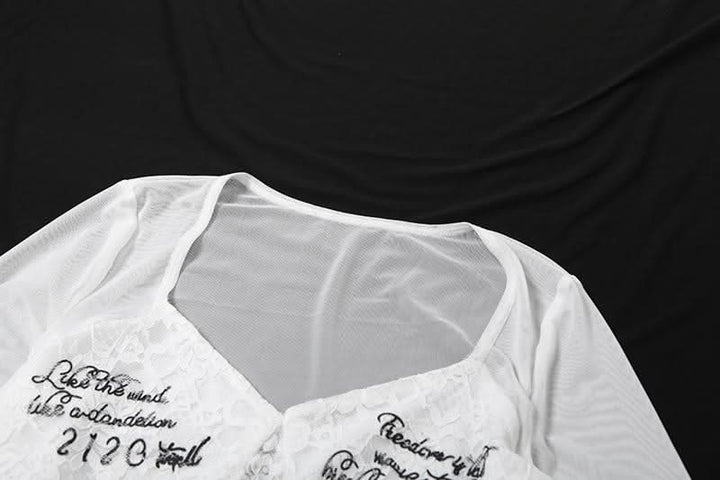 Long sleeve lace v neck letter print button bodysuit  | Festival Outfits Women-final-sale