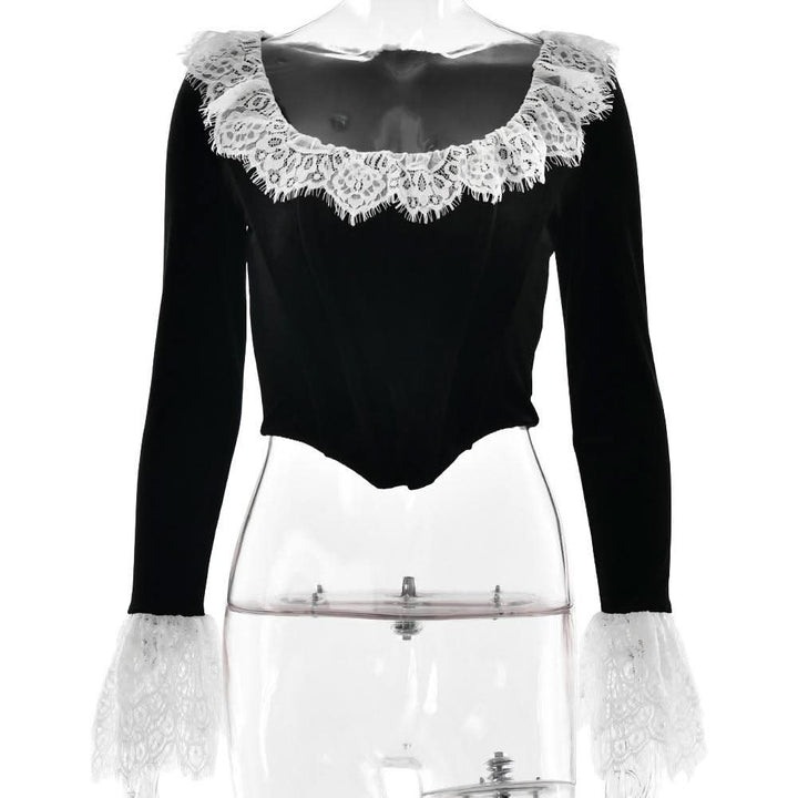 Long flared sleeve lace patchwork velvet zip-up top  | Festival Outfits Women